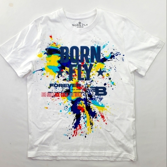 Born Fly T Shirt Mens XL White Multicolor Paint Splatter Art Graphic SS - Picture 2 of 9